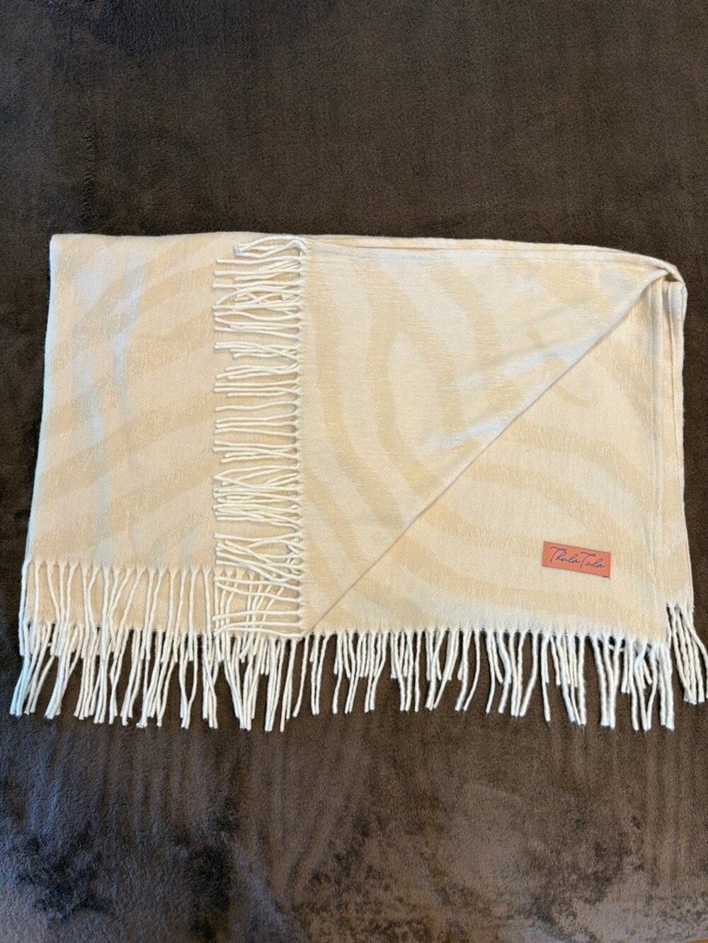 Thula Tula Melody Zebra Stripe South African Fringe Throw Blanket Ivory Cream